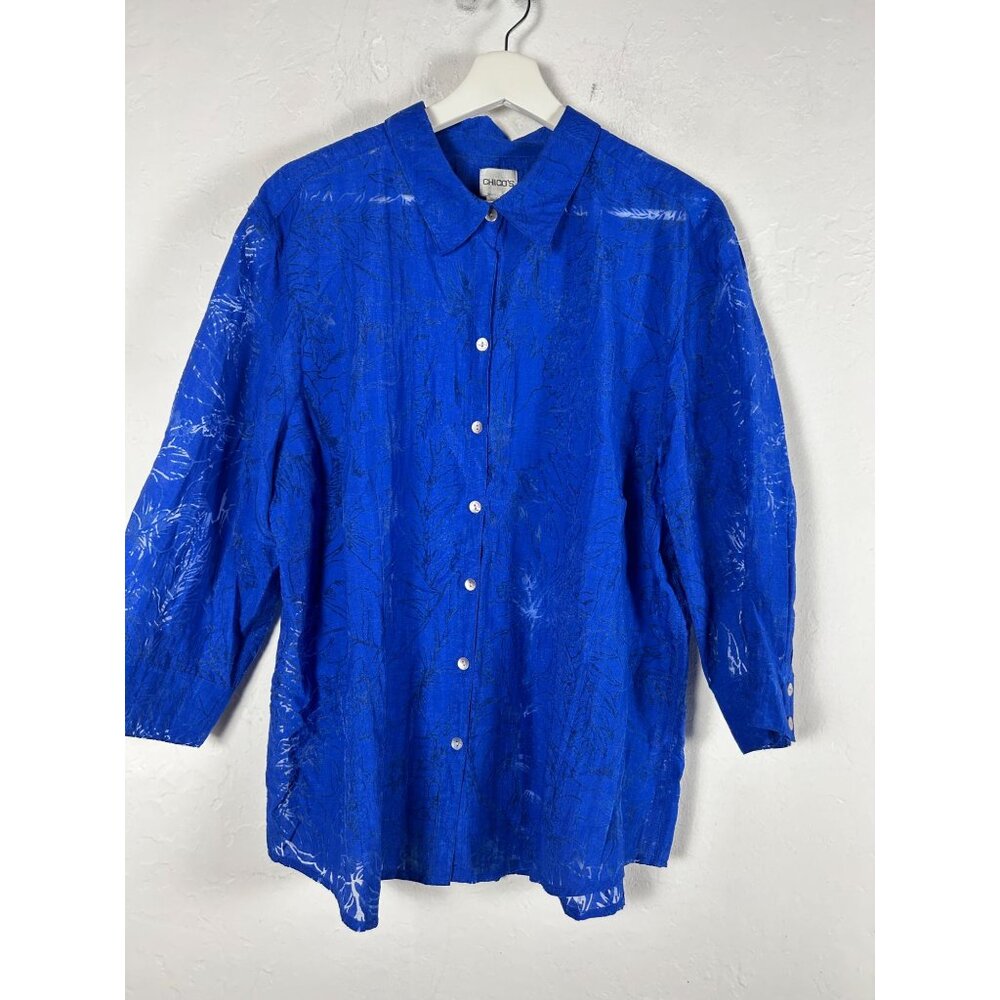 Chico's Women Blue Textured Floral Button-Up Shirt 3/4 Sleeve Casual Lightweight